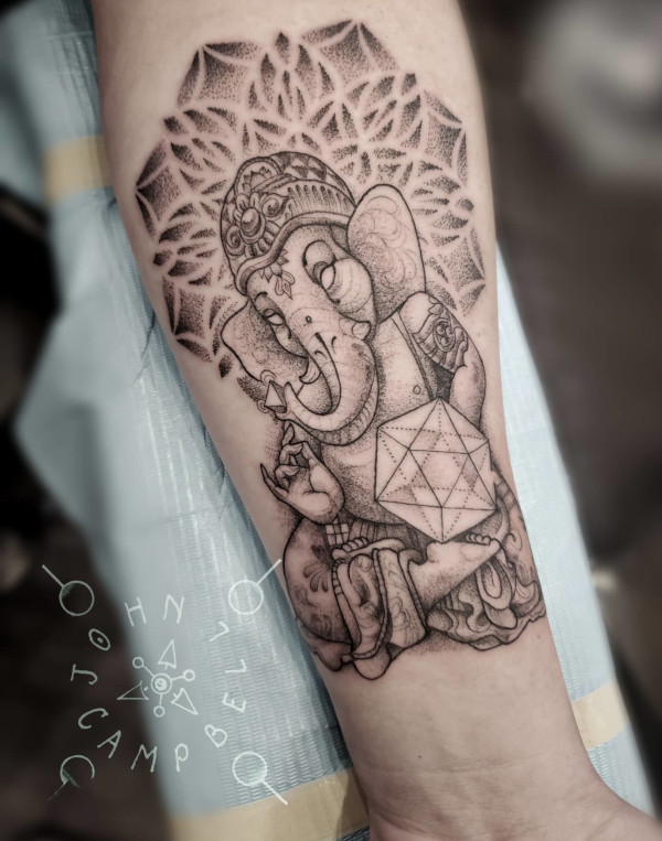Black and grey mandala dotwork Ganesh tattoo by John Campbell at Sacred Mandala Studio tattoo parlor in Durham, NC.